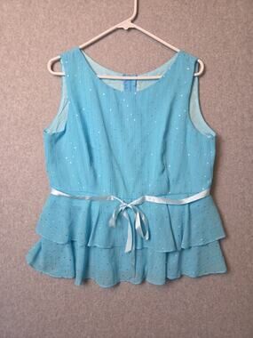 Vtg Sally Aqua Blue Sequined Sleeveless Tiered Ruffle Peplum Blouse Women's XL